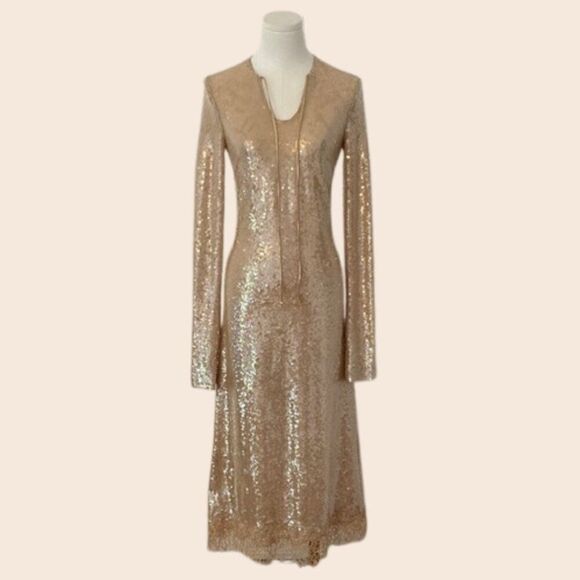 Vintage Cream Long Sleeve Sequin Gown Size Small - Picture 1 of 14